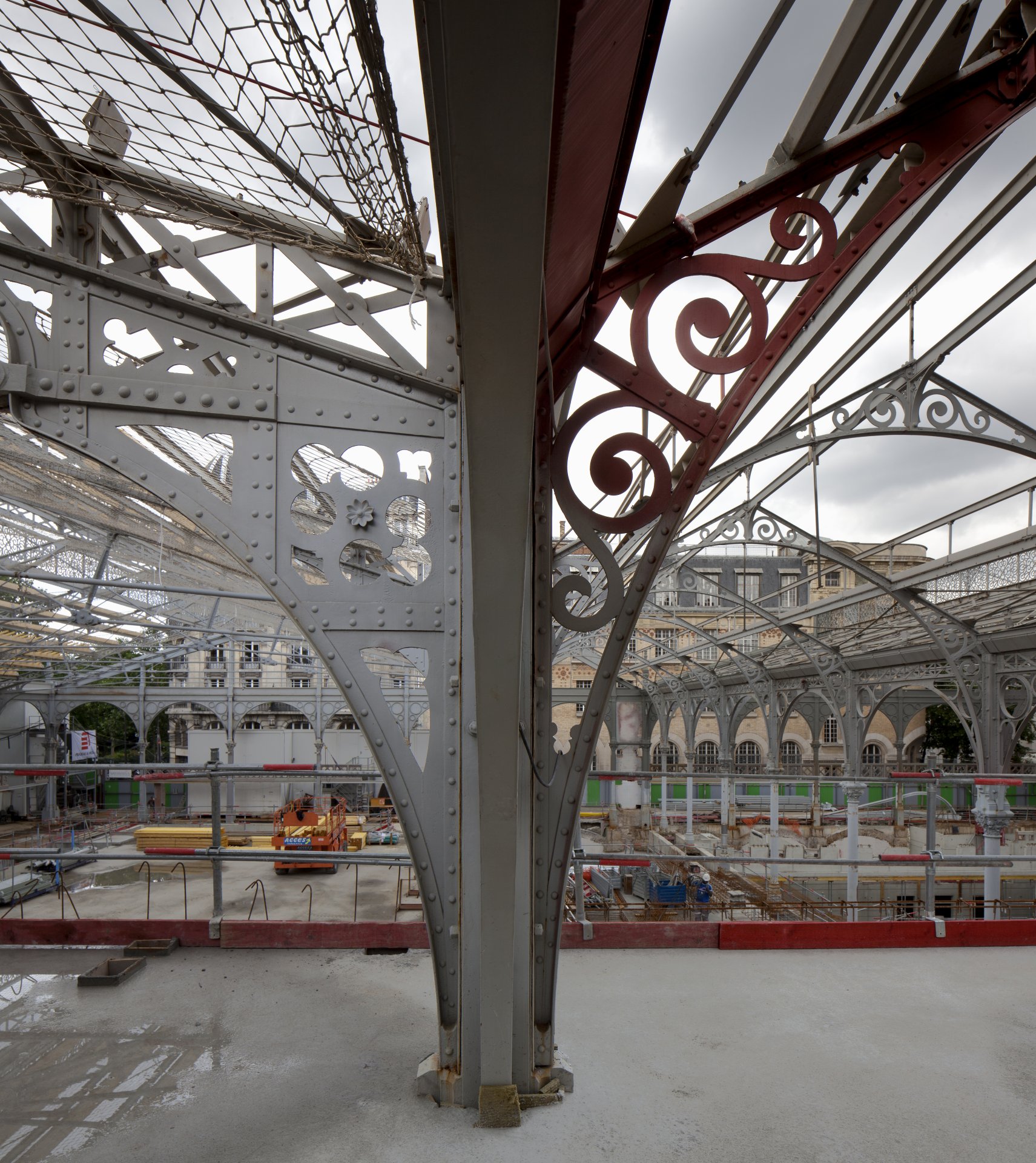 Iron beam structure in a historic market hall,Detail of Le Carreau du Temple