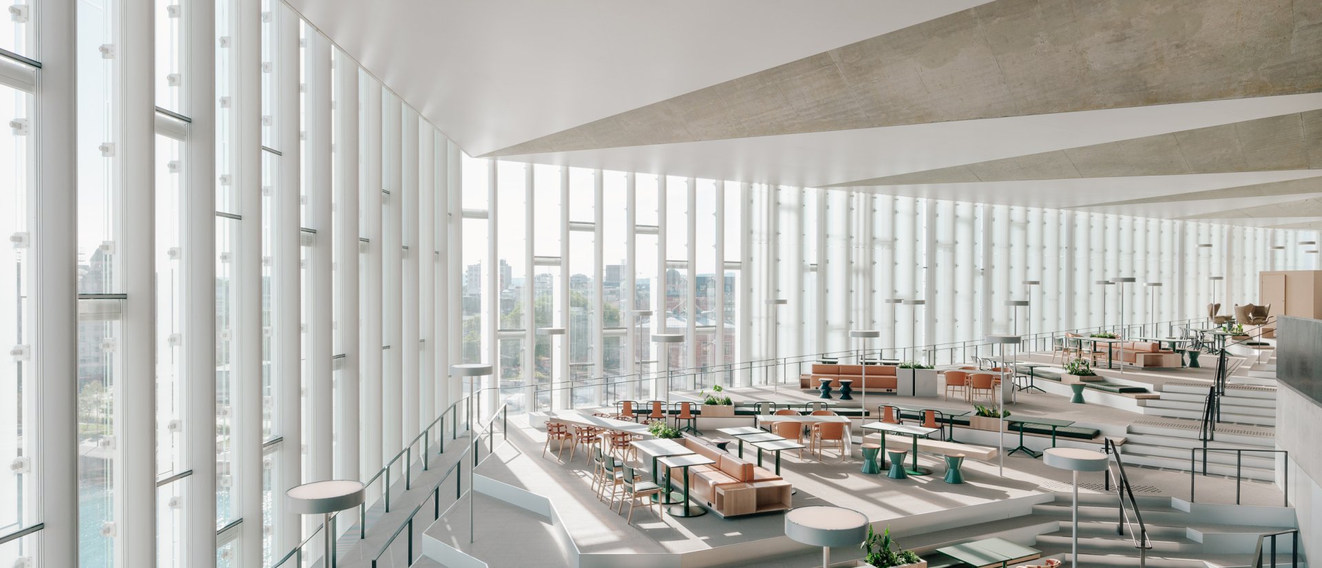 Interior view through the load-bearing GFRP façade of the Deichman Library, Oslo © Einar Aslaksen