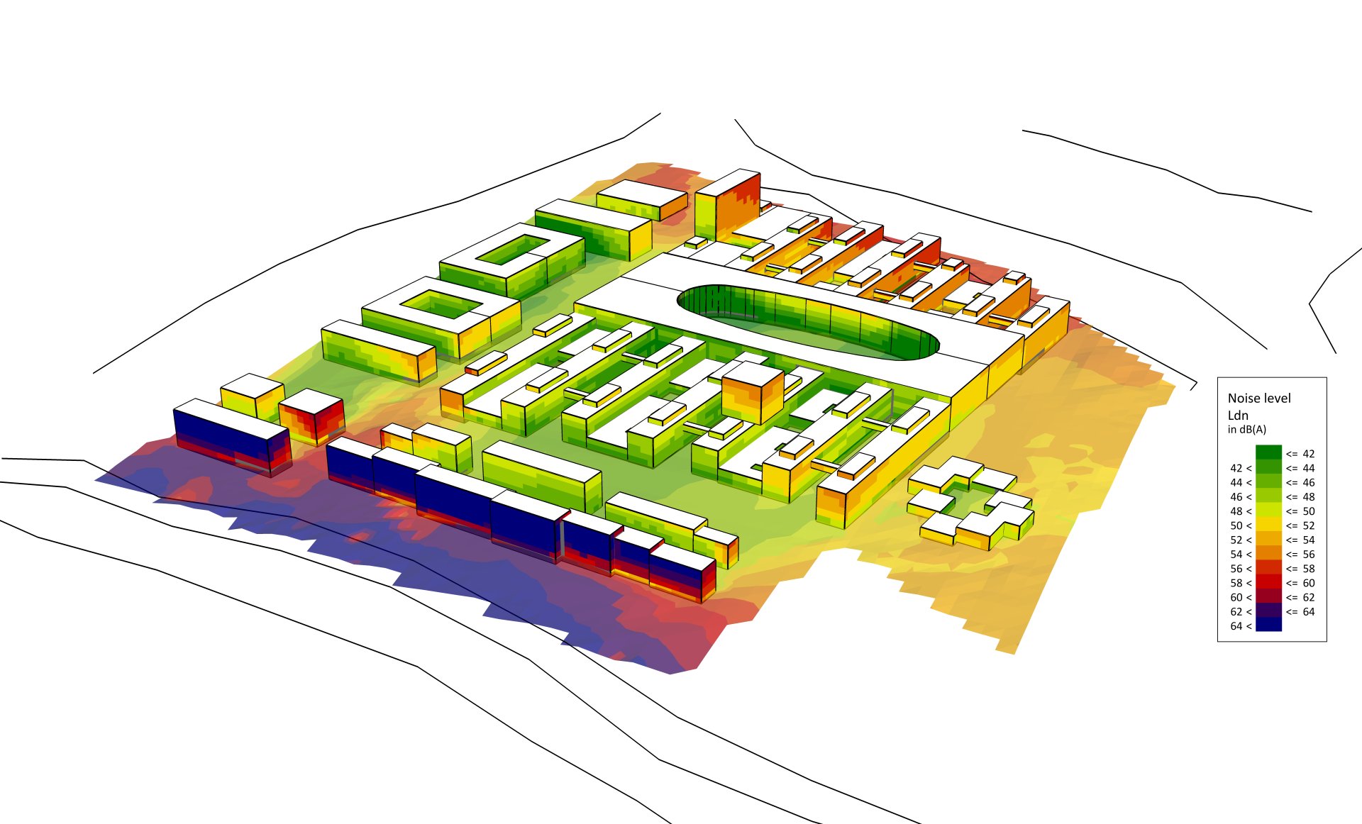3D plan sketch of a city with the analysis values for sound propagation