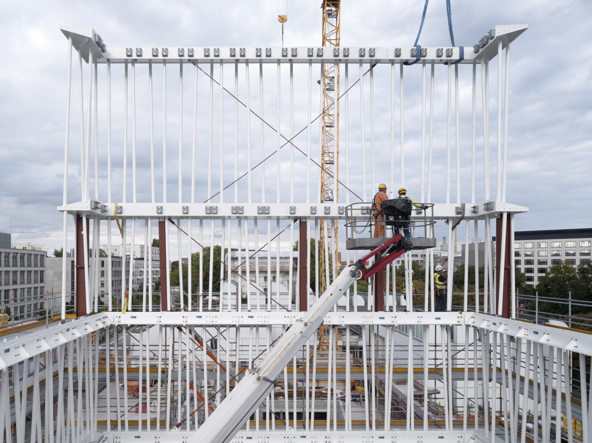 Bauhaus Archive Tower, construction site, two people on a crane