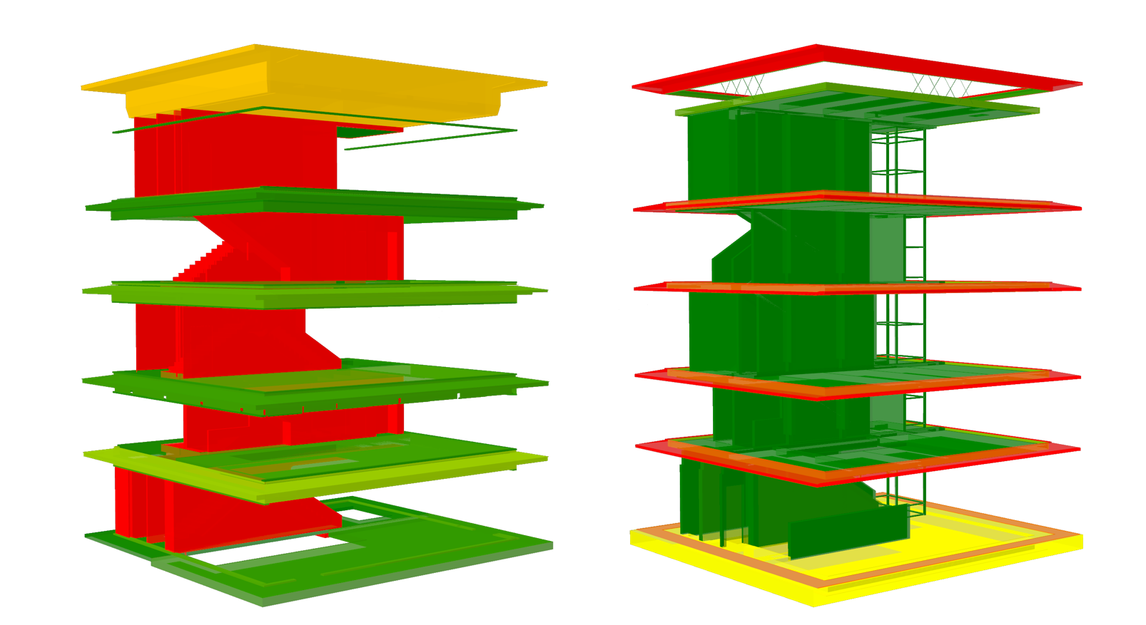 Comparing modes: RC reference model (left), the optimised model with CLT slabs and walls (right)