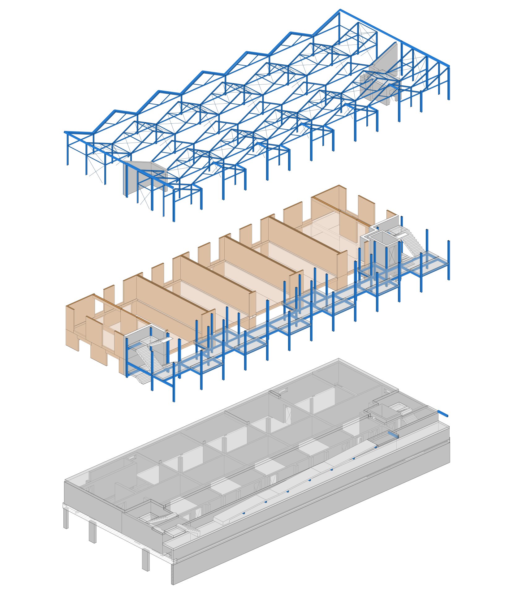 A 3D model of a building in hybrid construction, three levels floating on top of each other, show the materials to be used: reinforced concrete, wood and steel