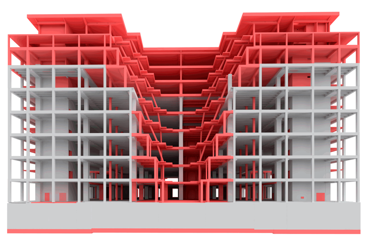 UP!, new building structure in red, existing building structure in grey.