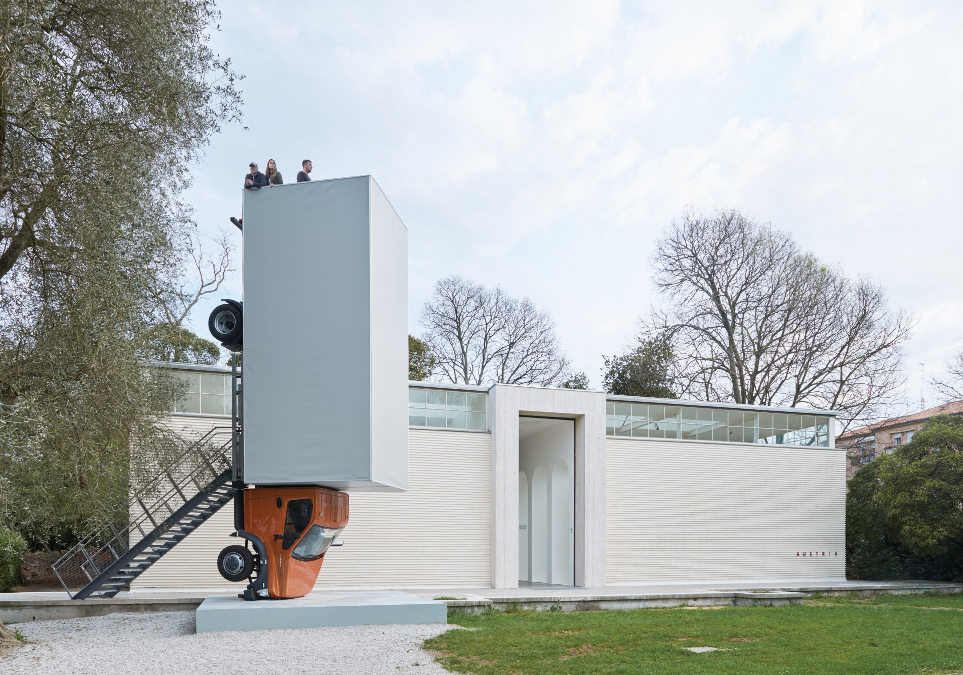 Art installation ‘Stand quiet and look out over the Mediterranean Sea’ by Erwin Wurm, truck standing vertically, walkable sculpture